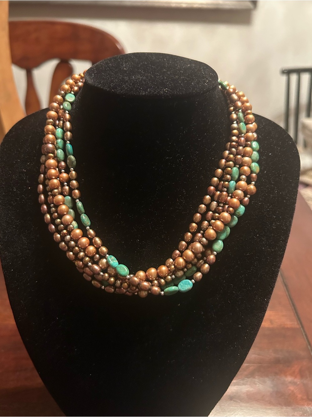 Barse Sterling Silver 6 Strand Pearl Turquoise Bead Choker Style Necklace 16”